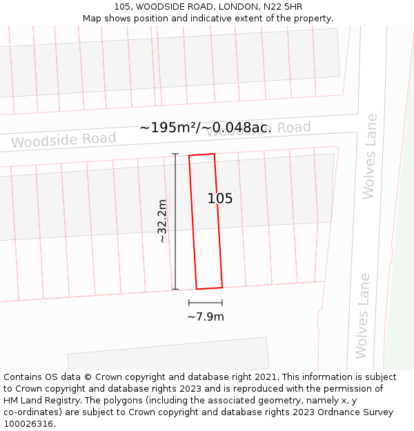 105, WOODSIDE ROAD, LONDON, N22 5HR: Plot and title map