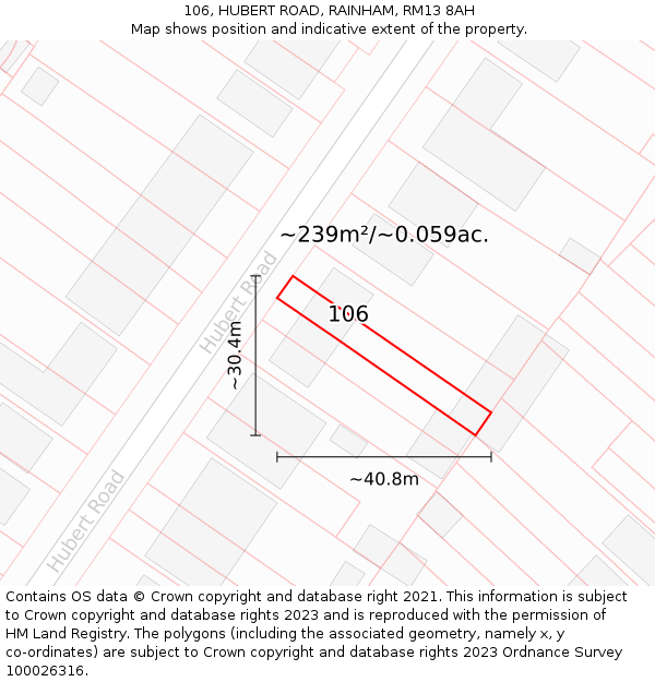 106, HUBERT ROAD, RAINHAM, RM13 8AH: Plot and title map