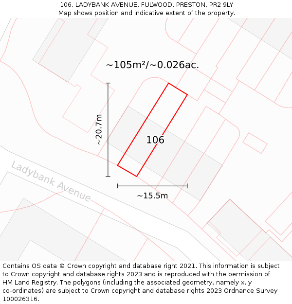 106, LADYBANK AVENUE, FULWOOD, PRESTON, PR2 9LY: Plot and title map