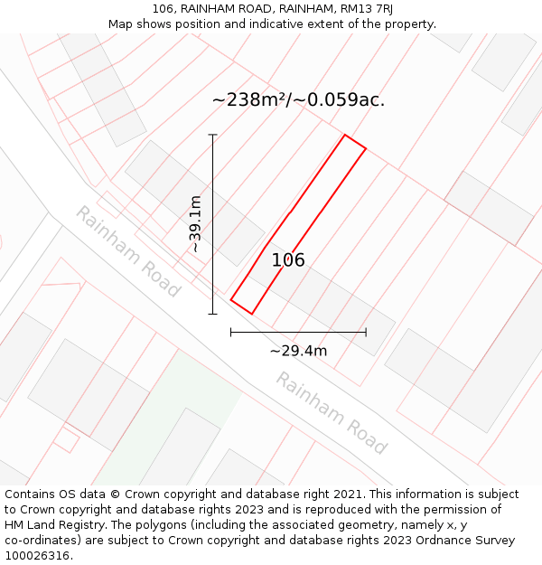 106, RAINHAM ROAD, RAINHAM, RM13 7RJ: Plot and title map
