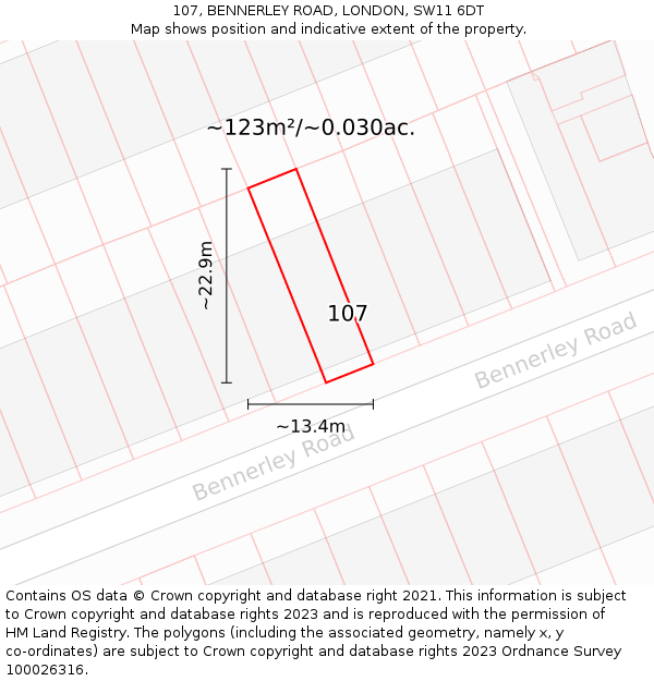 107, BENNERLEY ROAD, LONDON, SW11 6DT: Plot and title map