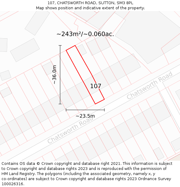 107, CHATSWORTH ROAD, SUTTON, SM3 8PL: Plot and title map