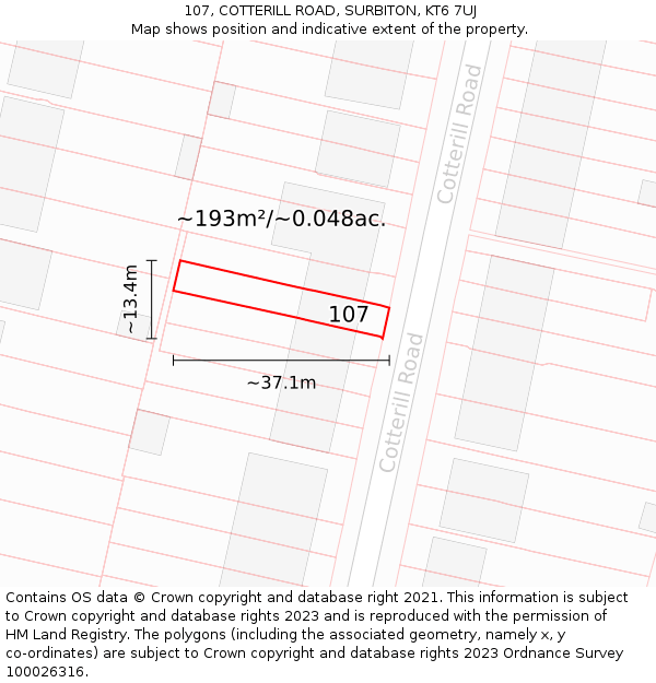 107, COTTERILL ROAD, SURBITON, KT6 7UJ: Plot and title map