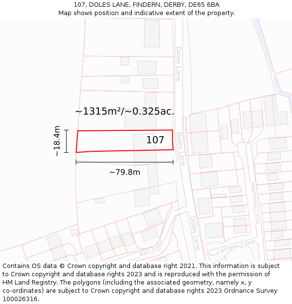 107, DOLES LANE, FINDERN, DERBY, DE65 6BA: Plot and title map