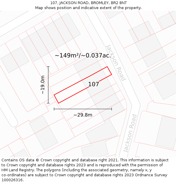 107, JACKSON ROAD, BROMLEY, BR2 8NT: Plot and title map
