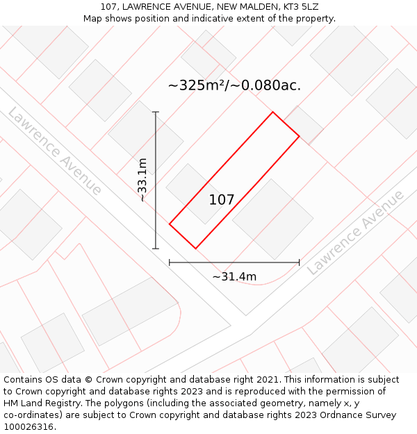 107, LAWRENCE AVENUE, NEW MALDEN, KT3 5LZ: Plot and title map