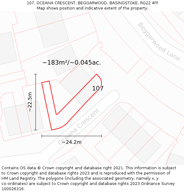 107, OCEANA CRESCENT, BEGGARWOOD, BASINGSTOKE, RG22 4FF: Plot and title map
