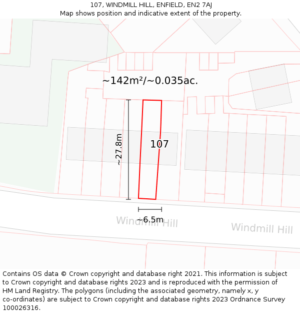 107, WINDMILL HILL, ENFIELD, EN2 7AJ: Plot and title map