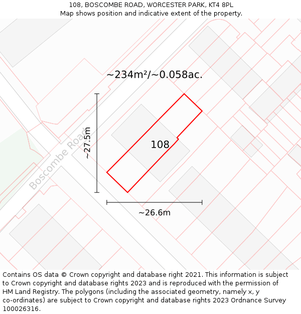 108, BOSCOMBE ROAD, WORCESTER PARK, KT4 8PL: Plot and title map
