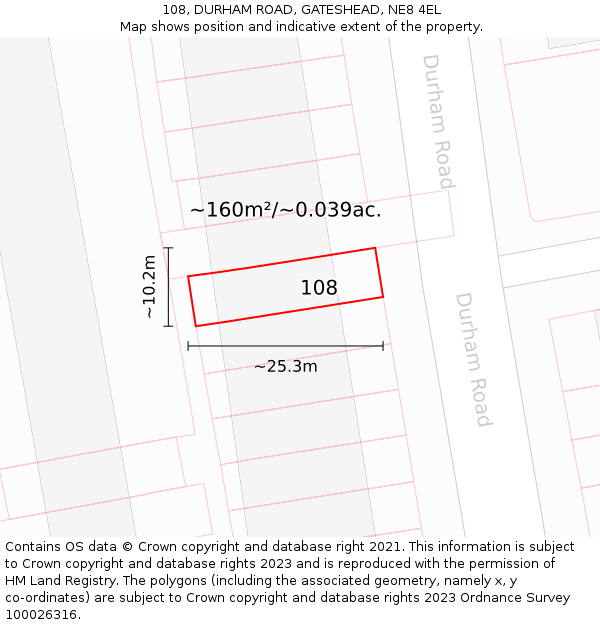 108, DURHAM ROAD, GATESHEAD, NE8 4EL: Plot and title map