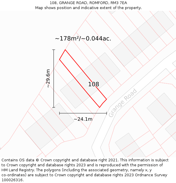 108, GRANGE ROAD, ROMFORD, RM3 7EA: Plot and title map