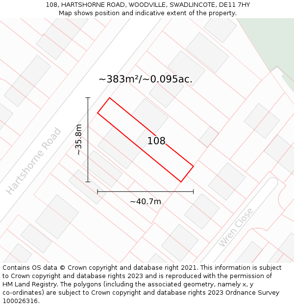 108, HARTSHORNE ROAD, WOODVILLE, SWADLINCOTE, DE11 7HY: Plot and title map