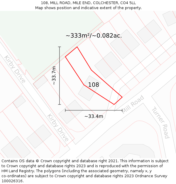 108, MILL ROAD, MILE END, COLCHESTER, CO4 5LL: Plot and title map