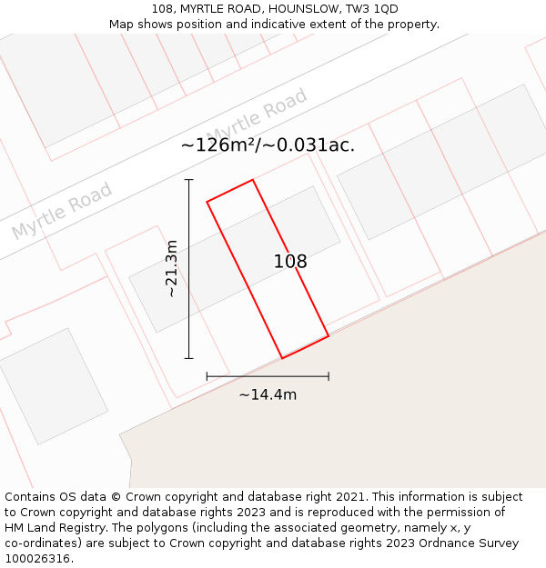 108, MYRTLE ROAD, HOUNSLOW, TW3 1QD: Plot and title map