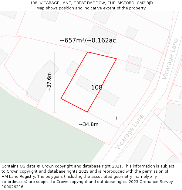 108, VICARAGE LANE, GREAT BADDOW, CHELMSFORD, CM2 8JD: Plot and title map