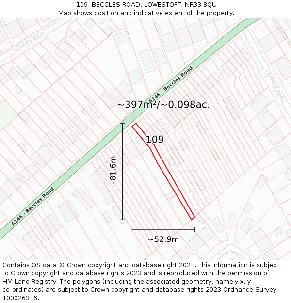 109, BECCLES ROAD, LOWESTOFT, NR33 8QU: Plot and title map