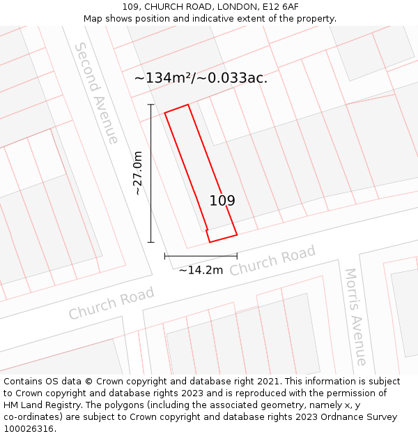 109, CHURCH ROAD, LONDON, E12 6AF: Plot and title map