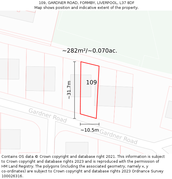 109, GARDNER ROAD, FORMBY, LIVERPOOL, L37 8DF: Plot and title map