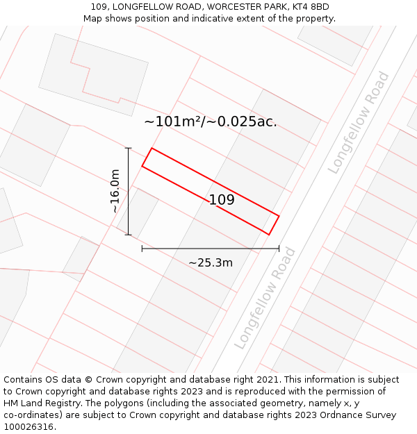 109, LONGFELLOW ROAD, WORCESTER PARK, KT4 8BD: Plot and title map