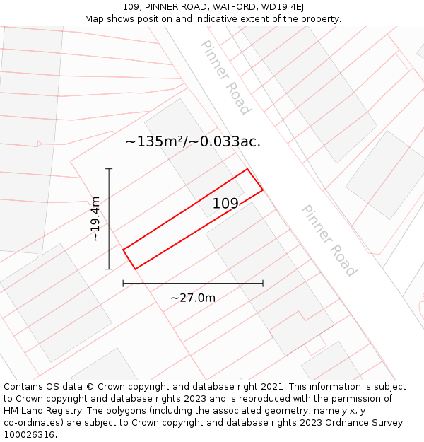 109, PINNER ROAD, WATFORD, WD19 4EJ: Plot and title map