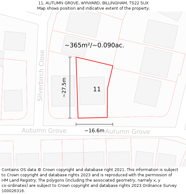 11, AUTUMN GROVE, WYNYARD, BILLINGHAM, TS22 5UX: Plot and title map