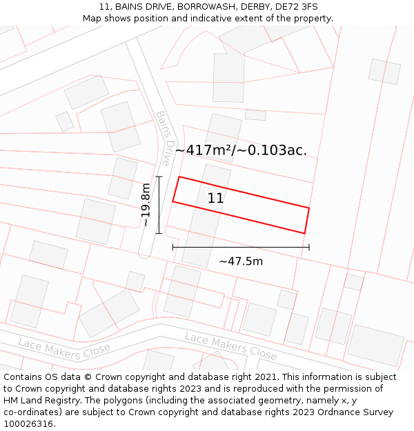 11, BAINS DRIVE, BORROWASH, DERBY, DE72 3FS: Plot and title map