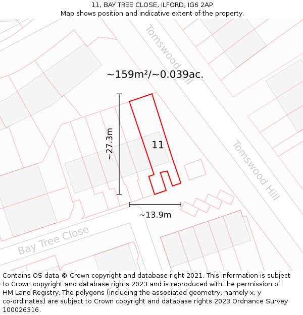 11, BAY TREE CLOSE, ILFORD, IG6 2AP: Plot and title map