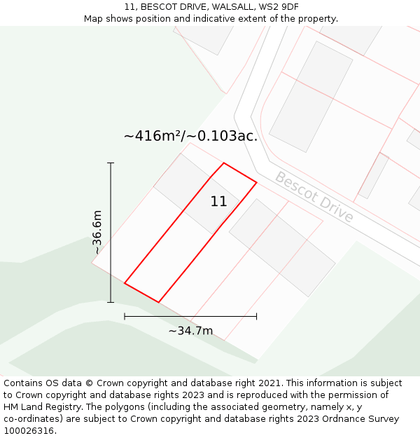 11, BESCOT DRIVE, WALSALL, WS2 9DF: Plot and title map