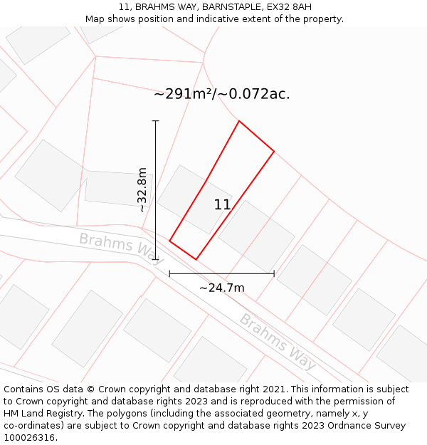 11, BRAHMS WAY, BARNSTAPLE, EX32 8AH: Plot and title map