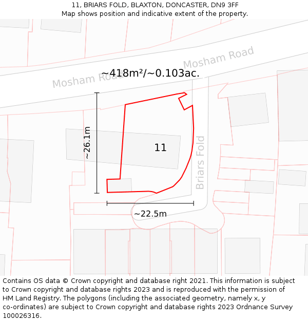 11, BRIARS FOLD, BLAXTON, DONCASTER, DN9 3FF: Plot and title map