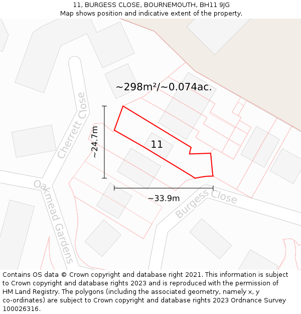 11, BURGESS CLOSE, BOURNEMOUTH, BH11 9JG: Plot and title map