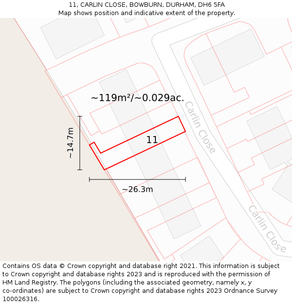 11, CARLIN CLOSE, BOWBURN, DURHAM, DH6 5FA: Plot and title map