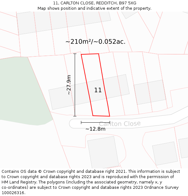 11, CARLTON CLOSE, REDDITCH, B97 5XG: Plot and title map