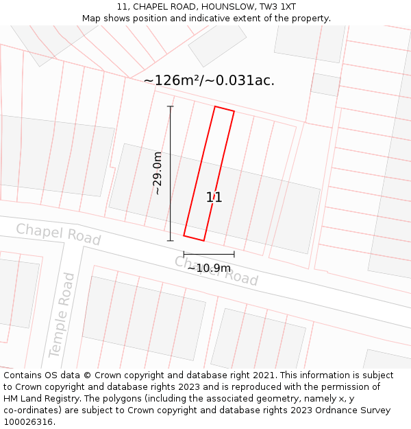 11, CHAPEL ROAD, HOUNSLOW, TW3 1XT: Plot and title map