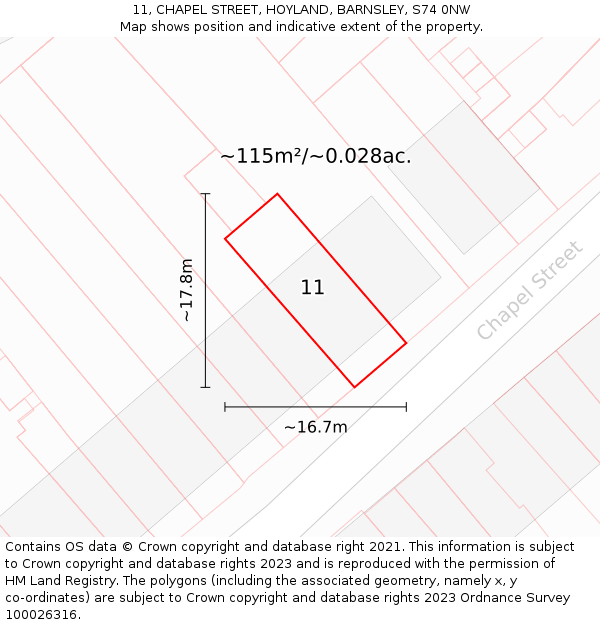 11, CHAPEL STREET, HOYLAND, BARNSLEY, S74 0NW: Plot and title map