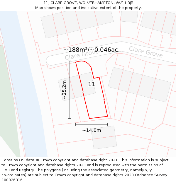 11, CLARE GROVE, WOLVERHAMPTON, WV11 3JB: Plot and title map