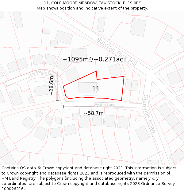 11, COLE MOORE MEADOW, TAVISTOCK, PL19 0ES: Plot and title map