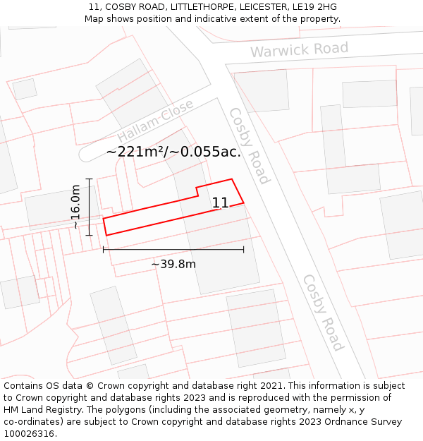11, COSBY ROAD, LITTLETHORPE, LEICESTER, LE19 2HG: Plot and title map