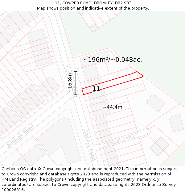 11, COWPER ROAD, BROMLEY, BR2 9RT: Plot and title map