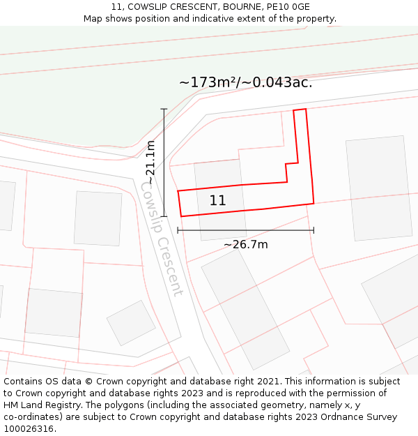 11, COWSLIP CRESCENT, BOURNE, PE10 0GE: Plot and title map