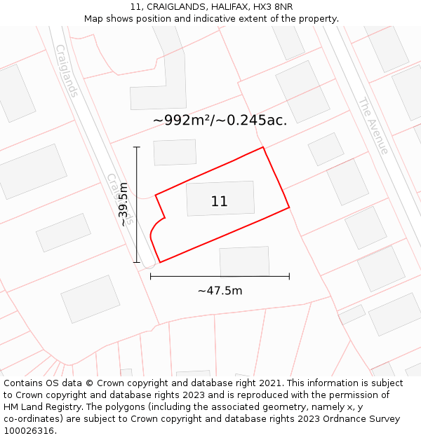 11, CRAIGLANDS, HALIFAX, HX3 8NR: Plot and title map