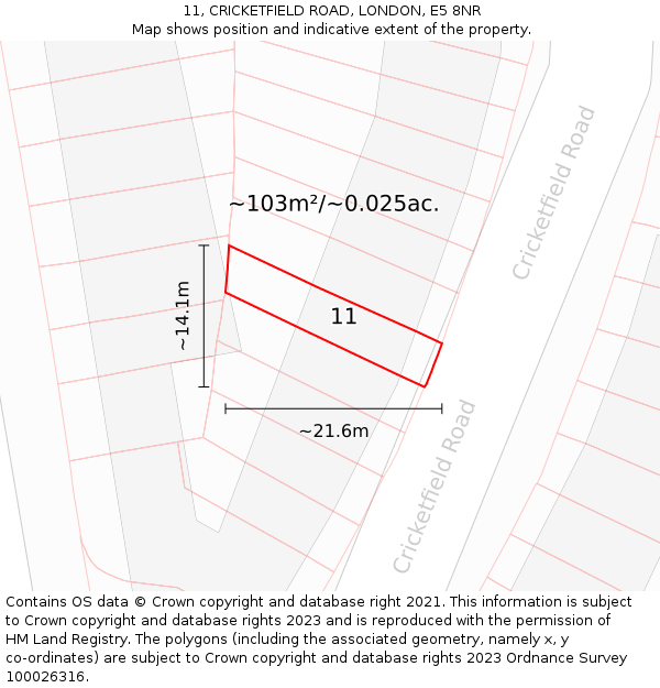 11, CRICKETFIELD ROAD, LONDON, E5 8NR: Plot and title map