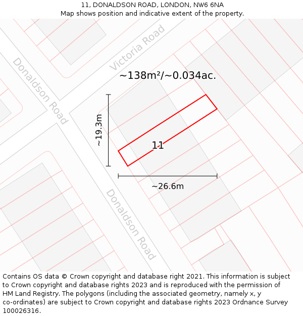11, DONALDSON ROAD, LONDON, NW6 6NA: Plot and title map