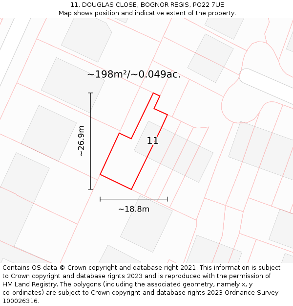 11, DOUGLAS CLOSE, BOGNOR REGIS, PO22 7UE: Plot and title map