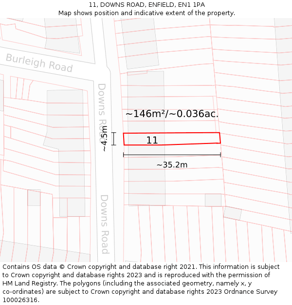 11, DOWNS ROAD, ENFIELD, EN1 1PA: Plot and title map