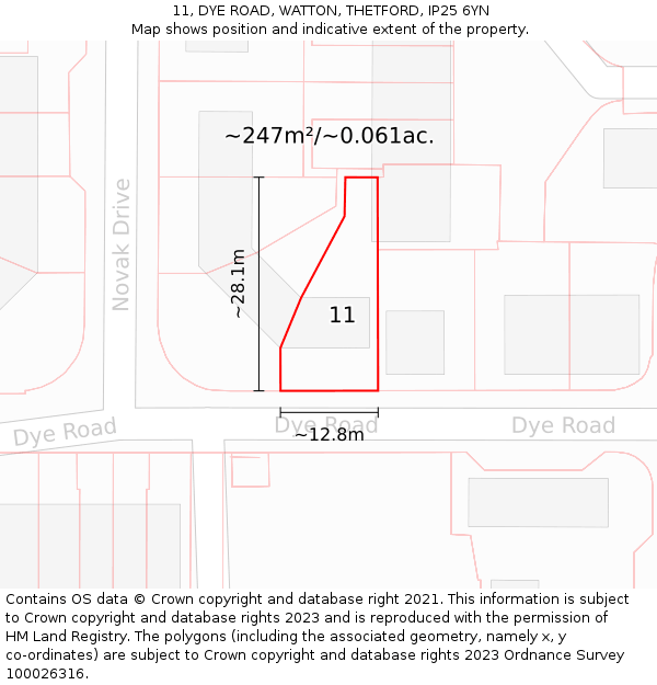 11, DYE ROAD, WATTON, THETFORD, IP25 6YN: Plot and title map