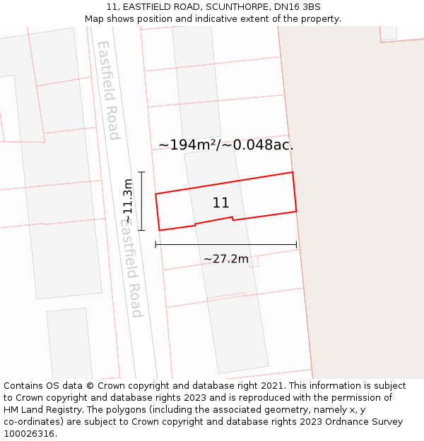 11, EASTFIELD ROAD, SCUNTHORPE, DN16 3BS: Plot and title map