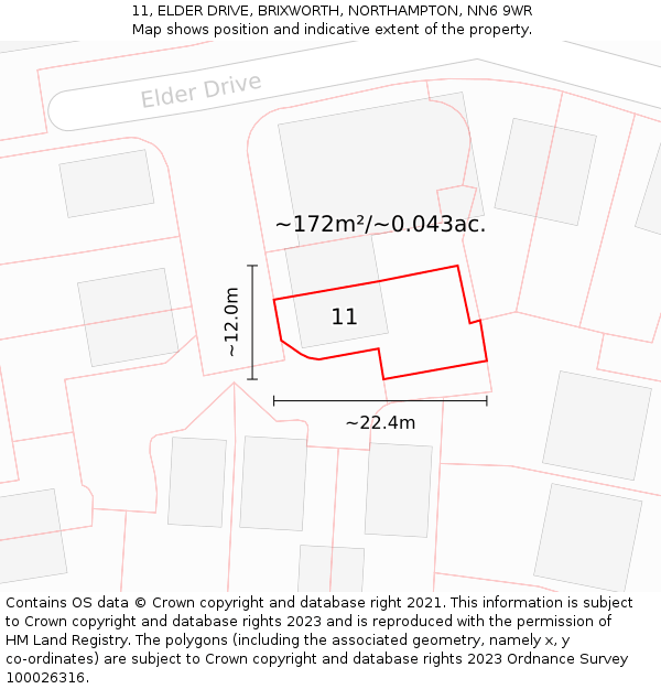11, ELDER DRIVE, BRIXWORTH, NORTHAMPTON, NN6 9WR: Plot and title map