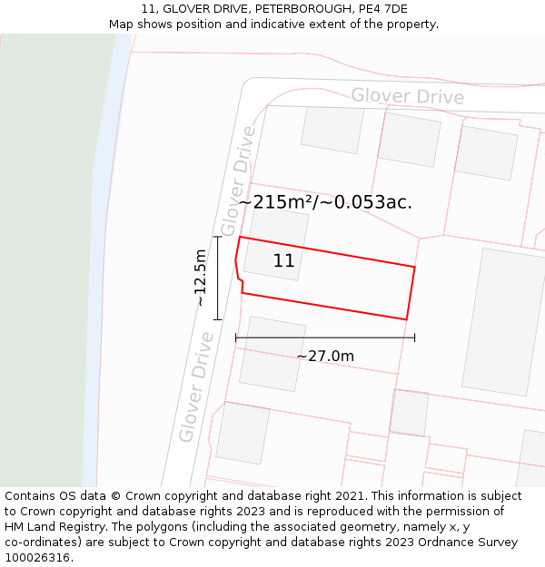 11, GLOVER DRIVE, PETERBOROUGH, PE4 7DE: Plot and title map