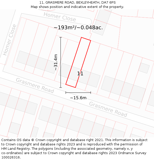 11, GRASMERE ROAD, BEXLEYHEATH, DA7 6PS: Plot and title map
